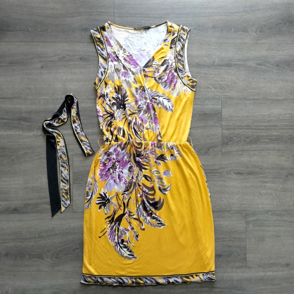 Elie Tahari Heidi Silk Jersey Sunflower Yellow Floral Print Dress Womens Size XS